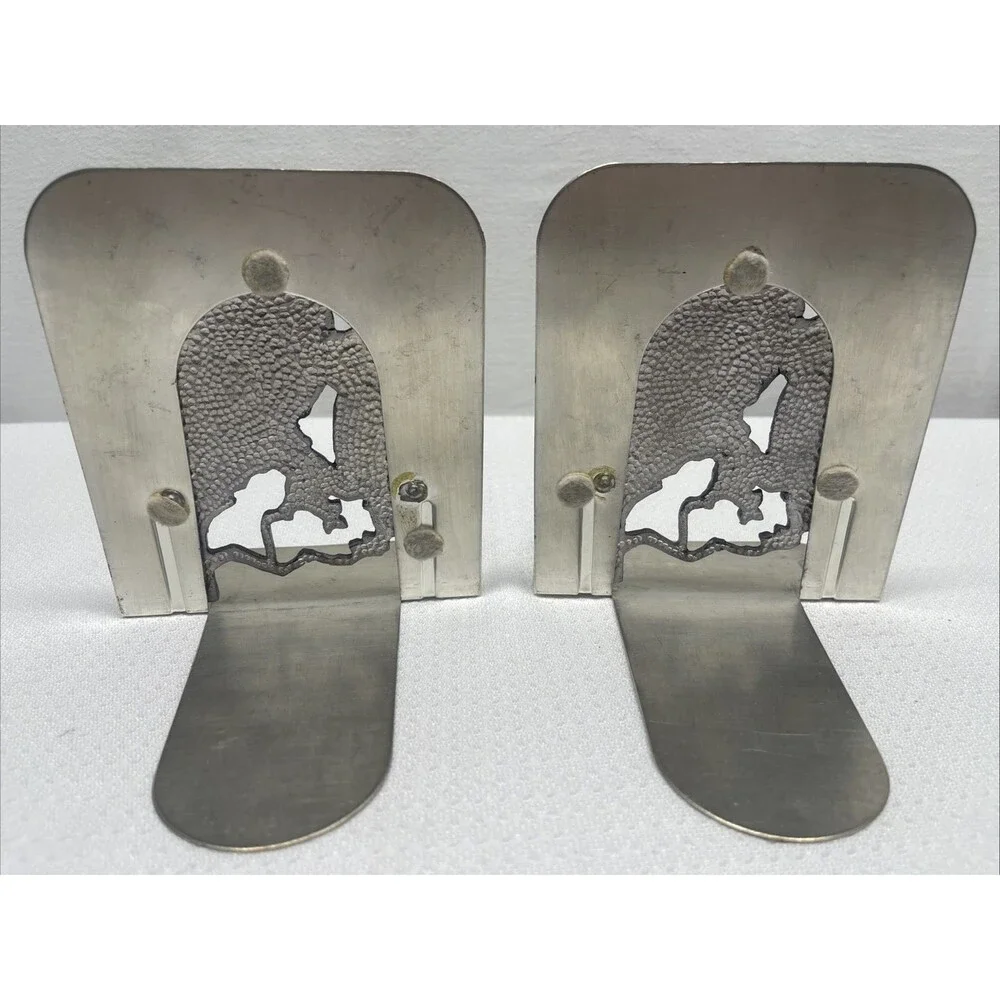 Vintage Owl Bookends Pewter Antiqued Metal Book Ends Three Owls MCM Set of 2 EUC